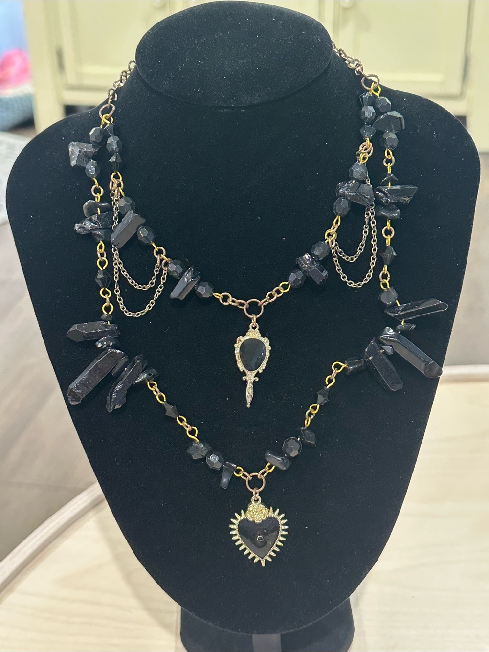 Boho Black Crystal Layered Chain Necklace with Gold Accent